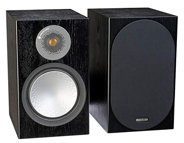 this image shows a pair of Monitor Audio Silver 100 book shelf speakers